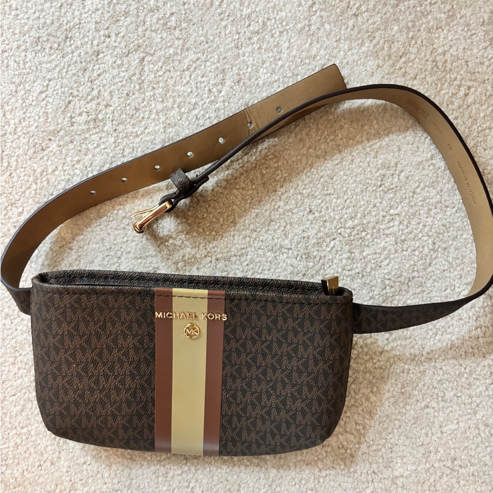 Michael Kors Brown Monogram Belt Bag with Center Cream and Burgundy Stripe